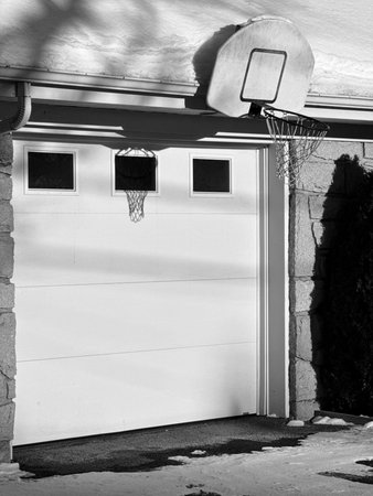 Basketball hoop in front of a white garage door in black and white