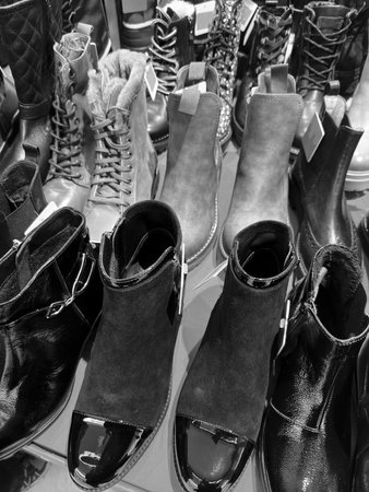 Shoes on display in a shop. Black and white photos.の写真素材