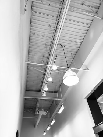interior of a modern office building with ceiling lamps, black and whiteの写真素材