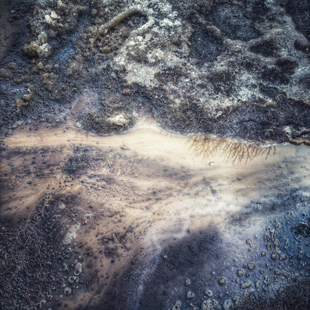 Dirt road in winter with waterの写真素材