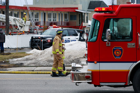 Quebec City firefighters on call for a fire. Quebec, Canada.