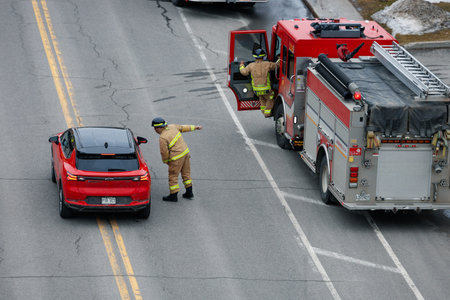 Firefighters and emergency vehicles on the streets of the city during a fire drill. Quebec City...