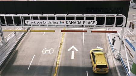 A yellow taxi at Canada Place in Vancouver