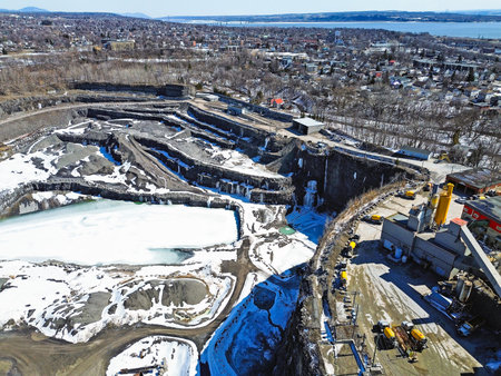 Aerial view of a stone quarry in winter