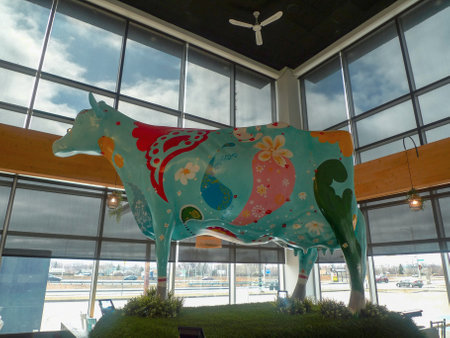 Sculpture of a painted cow in a Fromagerie Victoria restaurant in Quebec.のeditorial素材