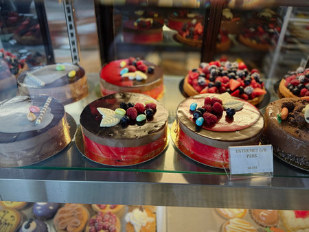 Assortment of cakes in a pastry shop in Quebec.