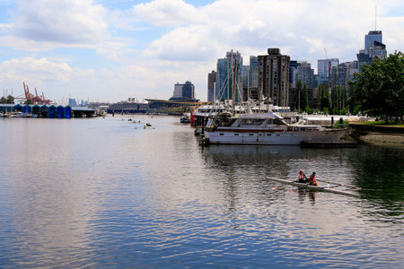 Cityscape of downtown Vancouver with its marina and buildings.
