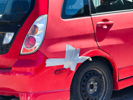 Red car accident on the road, close-up of broken carの写真素材