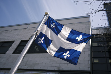 A Quebec flag flying in the wind in front of a building.の写真素材