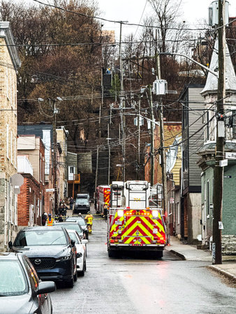 Firefighters intervene in Quebec City. Fire trucks and cars in Quebec city. SPCIQ. Quebec, Canada.
