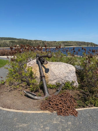 Old anchor on a stone in a park.の写真素材