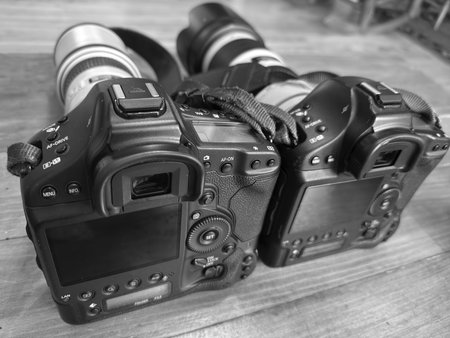 A press photographer's professional camera model.の写真素材