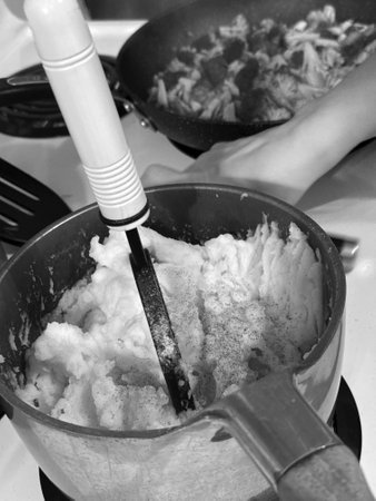 Preparation of mashed potatoes. Black and white photos.の写真素材