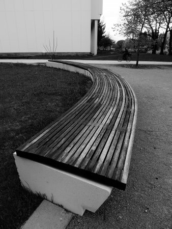 Wooden bench in the city park. Black and white photos.の写真素材
