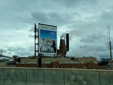 The billboard with the name of the city Paris. The billboard for Air France and YQB in Quebec City.のeditorial素材
