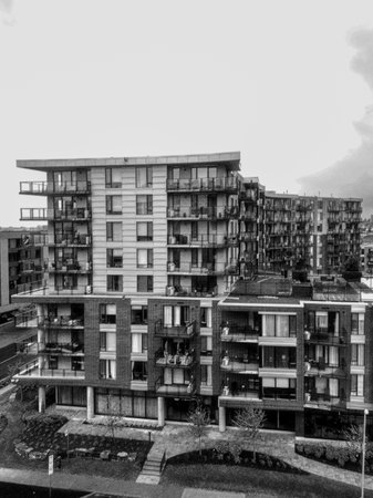Aerial view of modern residential apartment buildings. Black and white.の写真素材