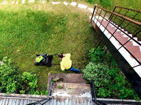 Lawn mower cutting grass in the garden. Top view. A man mowing the lawn in the yard. View from...