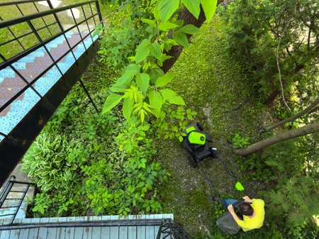 Aerial view of a man mowing the lawn.