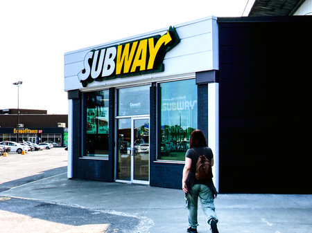 Entrance to a Subway fast food restaurant in Quebec.