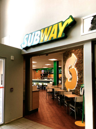 Entrance to a Subway fast food restaurant in Quebec.のeditorial素材