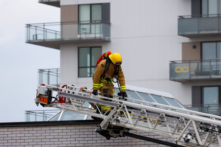 Firefighters respond to a fire in Quebec City. Fire trucks and vehicles in Quebec City. SPCIQ in...
