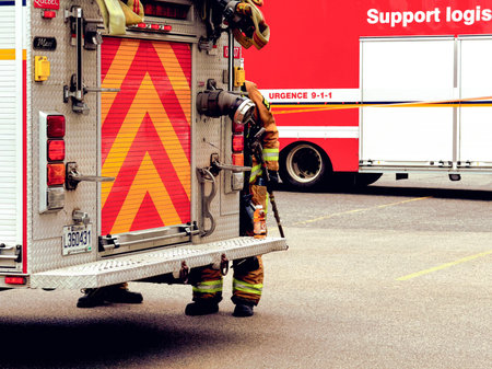 Firefighters respond to a fire in Quebec City. Fire trucks and vehicles in Quebec City. SPCIQ in...