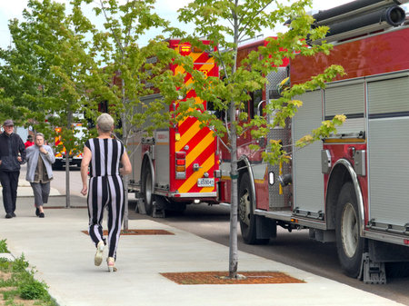 Firefighters respond to a fire in Quebec City. Fire trucks and vehicles in Quebec City. SPCIQ in...
