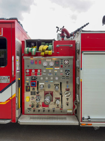 Firefighters respond to a fire in Quebec City. Fire trucks and vehicles in Quebec City. SPCIQ in...