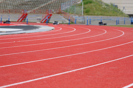 Running track in the stadium, close-up of track and field