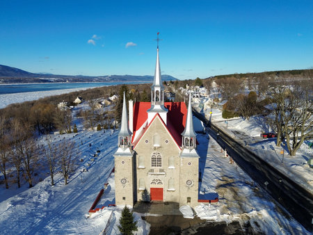 Aerial view of the church. The Church of the Holy Family is located in the village of Sainte-Famille on Ãle d'OrlÃ©ans in Quebec.の写真素材