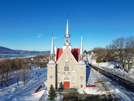 Aerial view of the church. The Church of the Holy Family is located in the village of Sainte-Famille on Ãle d'OrlÃ©ans in Quebec.の写真素材