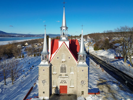 Aerial view of the church. The Church of the Holy Family is located in the village of Sainte-Famille on Ãle d'OrlÃ©ans in Quebec.の写真素材