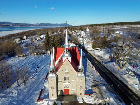 Aerial view of the church. The Church of the Holy Family is located in the village of Sainte-Famille on Ãle d'OrlÃ©ans in Quebec.の写真素材
