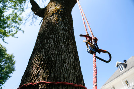 Rope climbing equipment in the tree, close-up of a carabiner.の写真素材