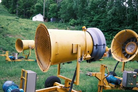 Snow cannons on the green meadow in the mountains in summer at a ski resort.の写真素材