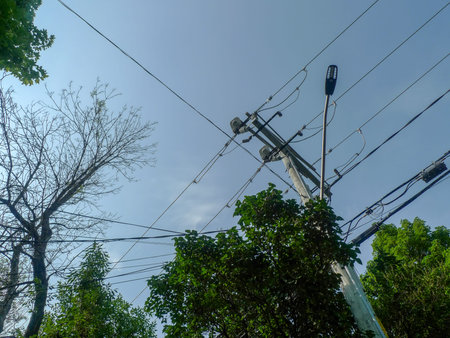Electric pole with blue sky background, power lines, cables and a tree in summer.