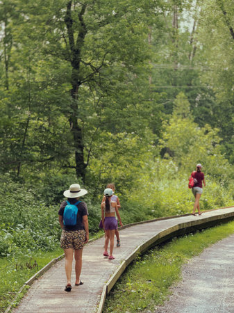 Women walking along a path in the park. Back view.のeditorial素材