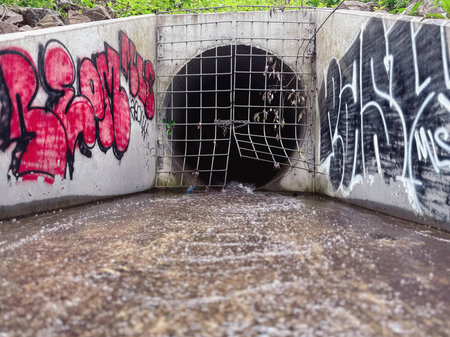 Water flows through the sewer tunnel into the forest. Grate and vandalism.のeditorial素材
