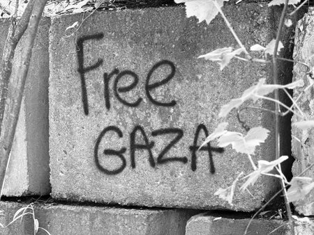 Free Gaza sign on the wall. Black and white photo with selective focus.
