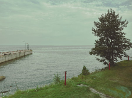 A view of the pier on the sea. The Saint-Simeon wharf in Charlevoix, Quebec, Canada