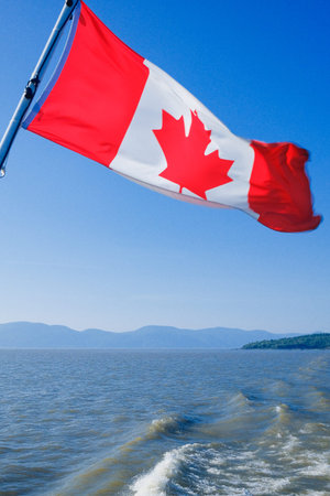 Flag of Canada waving in the wind on the background of the lake