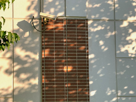 Security camera on the wall of the building with shadow of the tree.