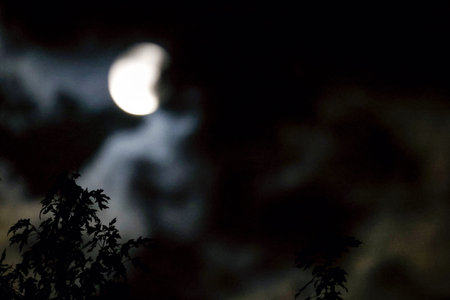 Full moon in the night sky with dark clouds, closeup of photo
