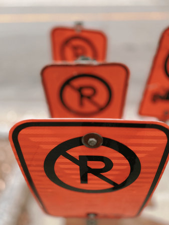 Traffic signs prohibiting parking on city roads. Rules for prohibited parking.の写真素材