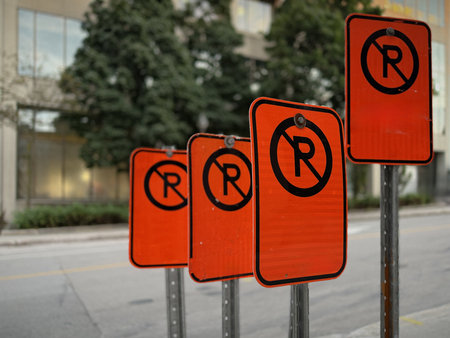 Traffic signs prohibiting parking on city roads. Rules for prohibited parking.の写真素材