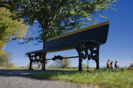 Bench in the park on a sunny day, shallow depth of field, Quebec city, Canada.の写真素材
