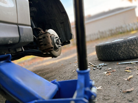 car wheel and brake disc during a tire change.の写真素材
