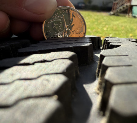 Close-up of a man's hand holding a Canadian quarter between the treads of a car's winter tire
