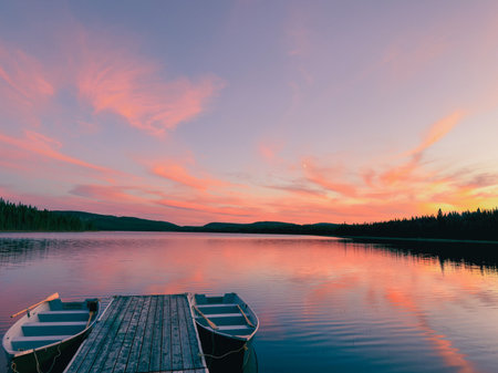 Boats on the lake at sunset. A lake at sunset in the forest.の写真素材