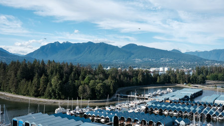 Aerial view of a marina in Vancouver, British Columbia, Canada. Vancouver, BC, Canada. Cityscape of...